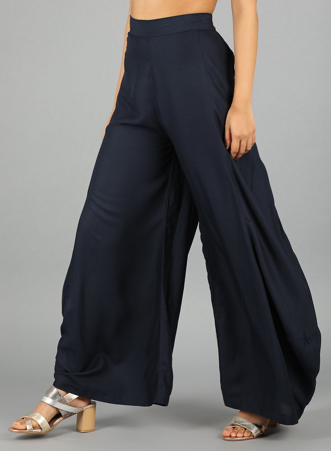 Blue Solid Draped Pants