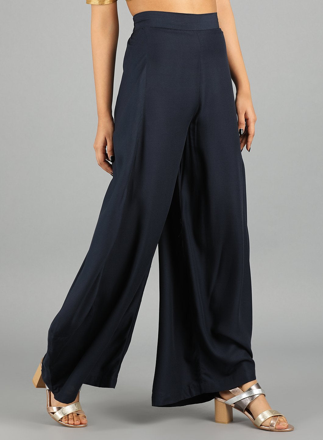 Blue Solid Draped Pants