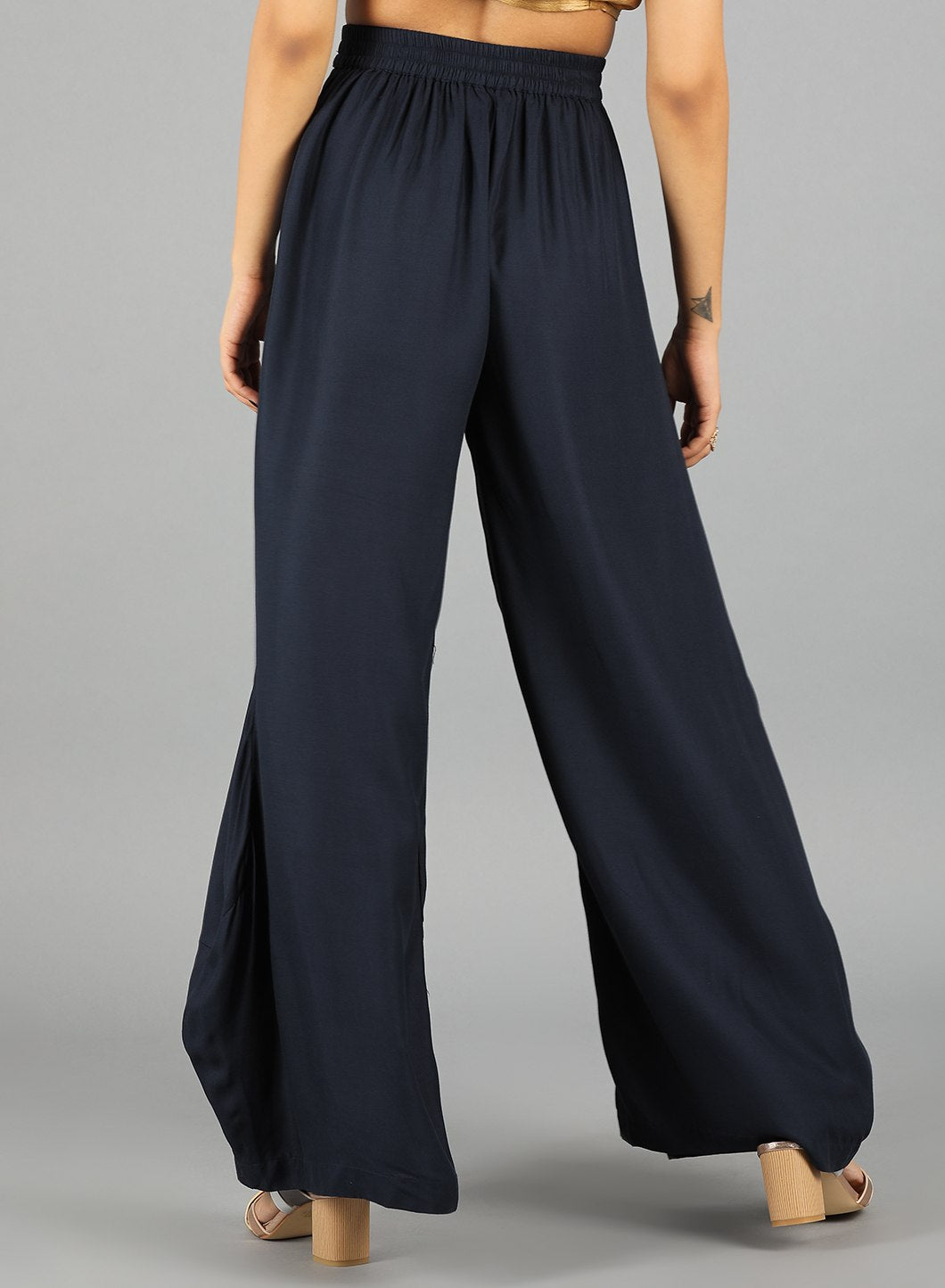 Blue Solid Draped Pants