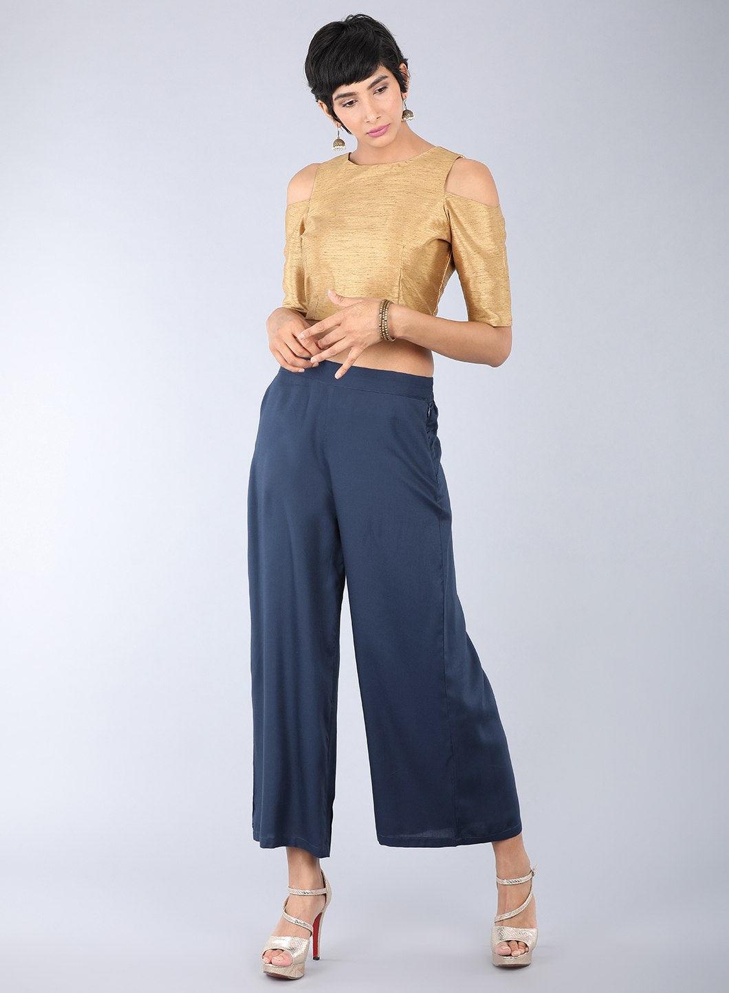 Blue Crinkled Parallel Pants - wforwoman