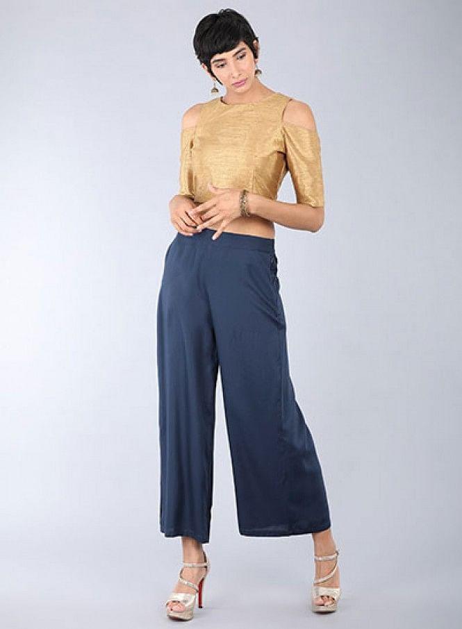 Blue Crinkled Parallel Pants - wforwoman