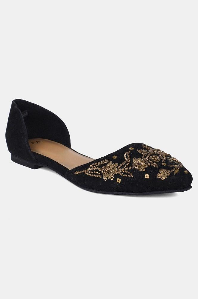 Black Pointed Toe Embroidered Flat - wforwoman