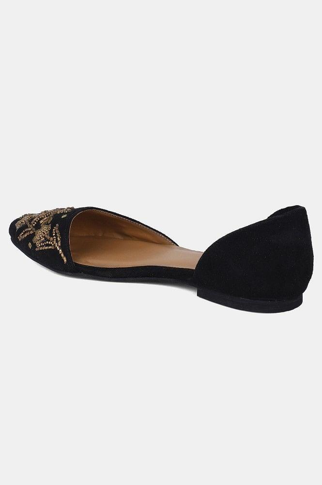 Black Pointed Toe Embroidered Flat - wforwoman