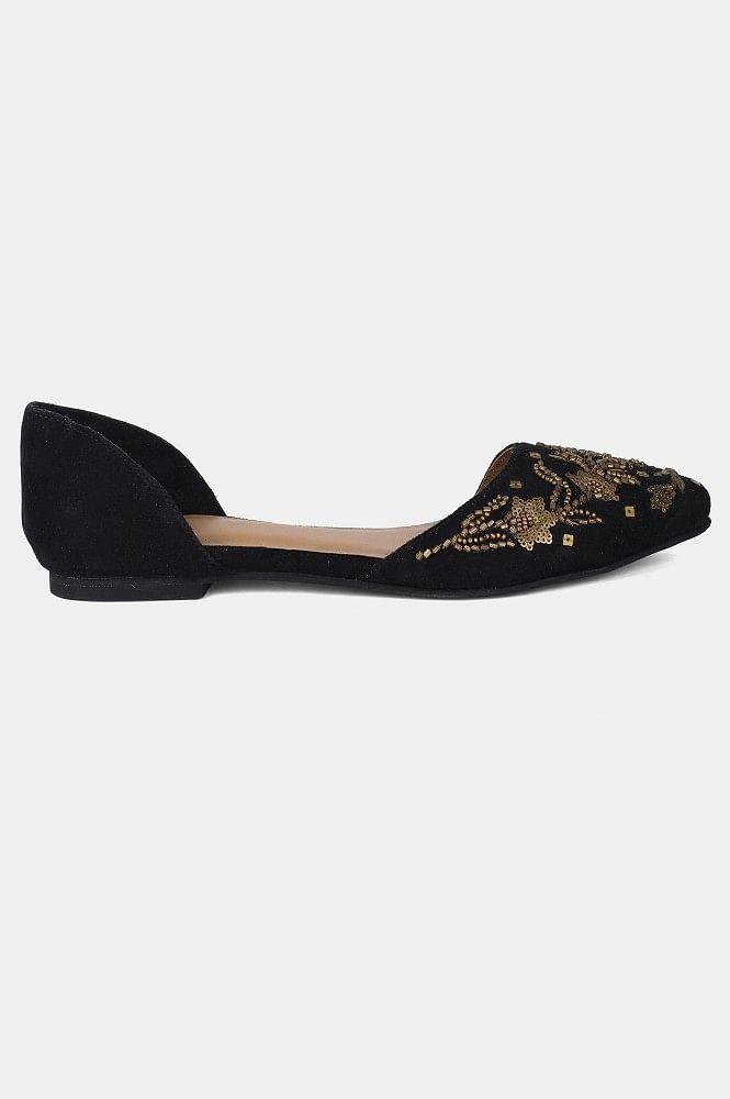 Black Pointed Toe Embroidered Flat - wforwoman