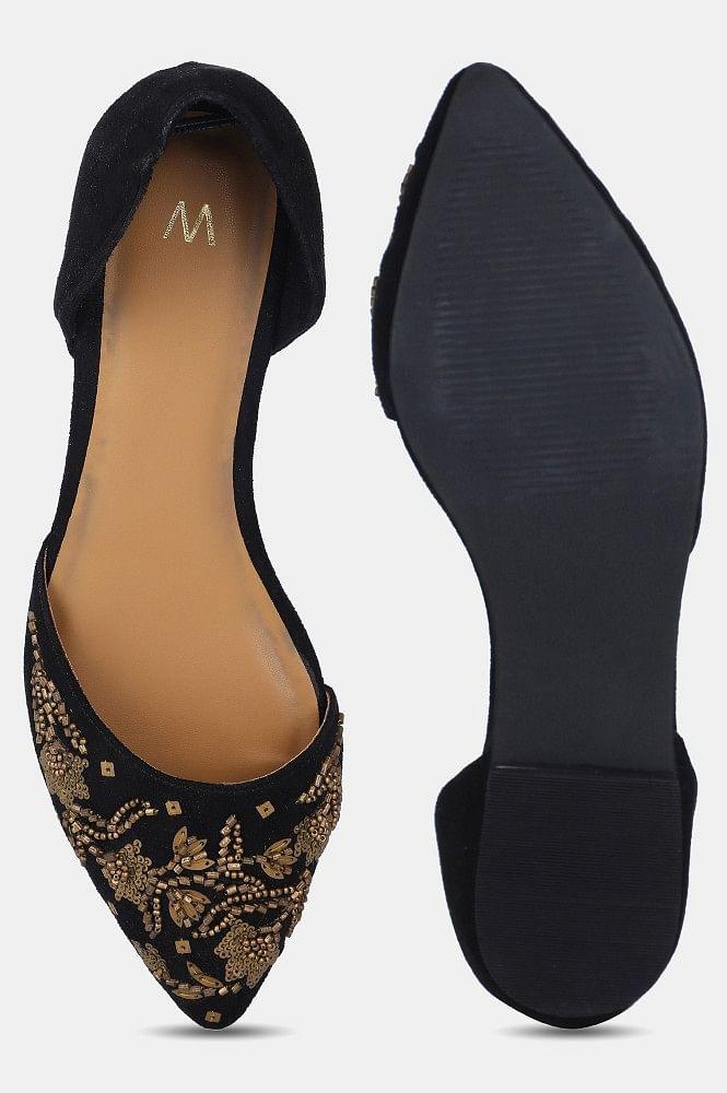 Black Pointed Toe Embroidered Flat - wforwoman