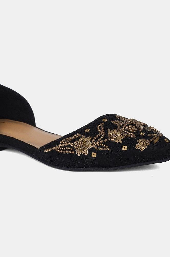 Black Pointed Toe Embroidered Flat - wforwoman