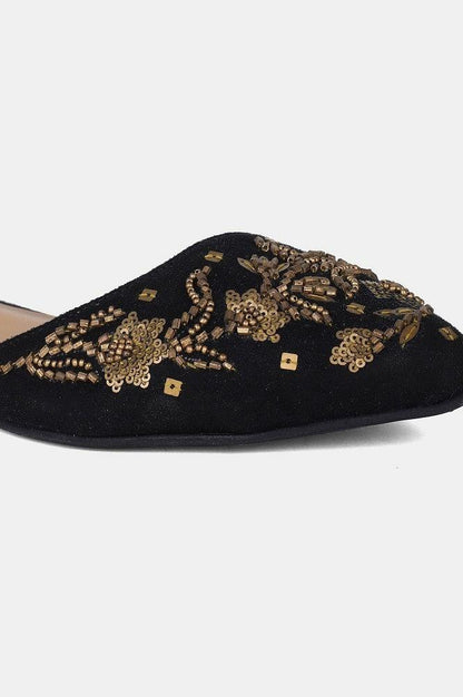 Black Pointed Toe Embroidered Flat - wforwoman