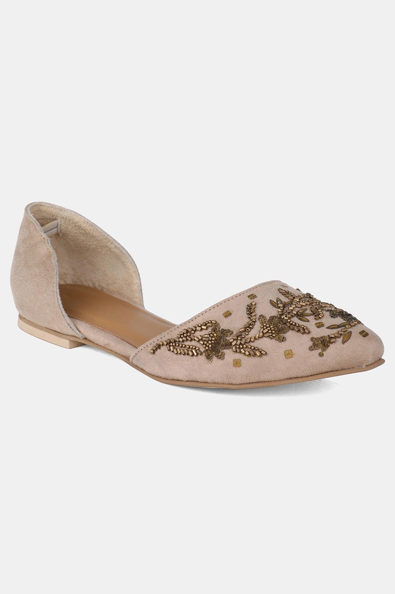 Beige Pointed Toe Embroidered Flat - wforwoman