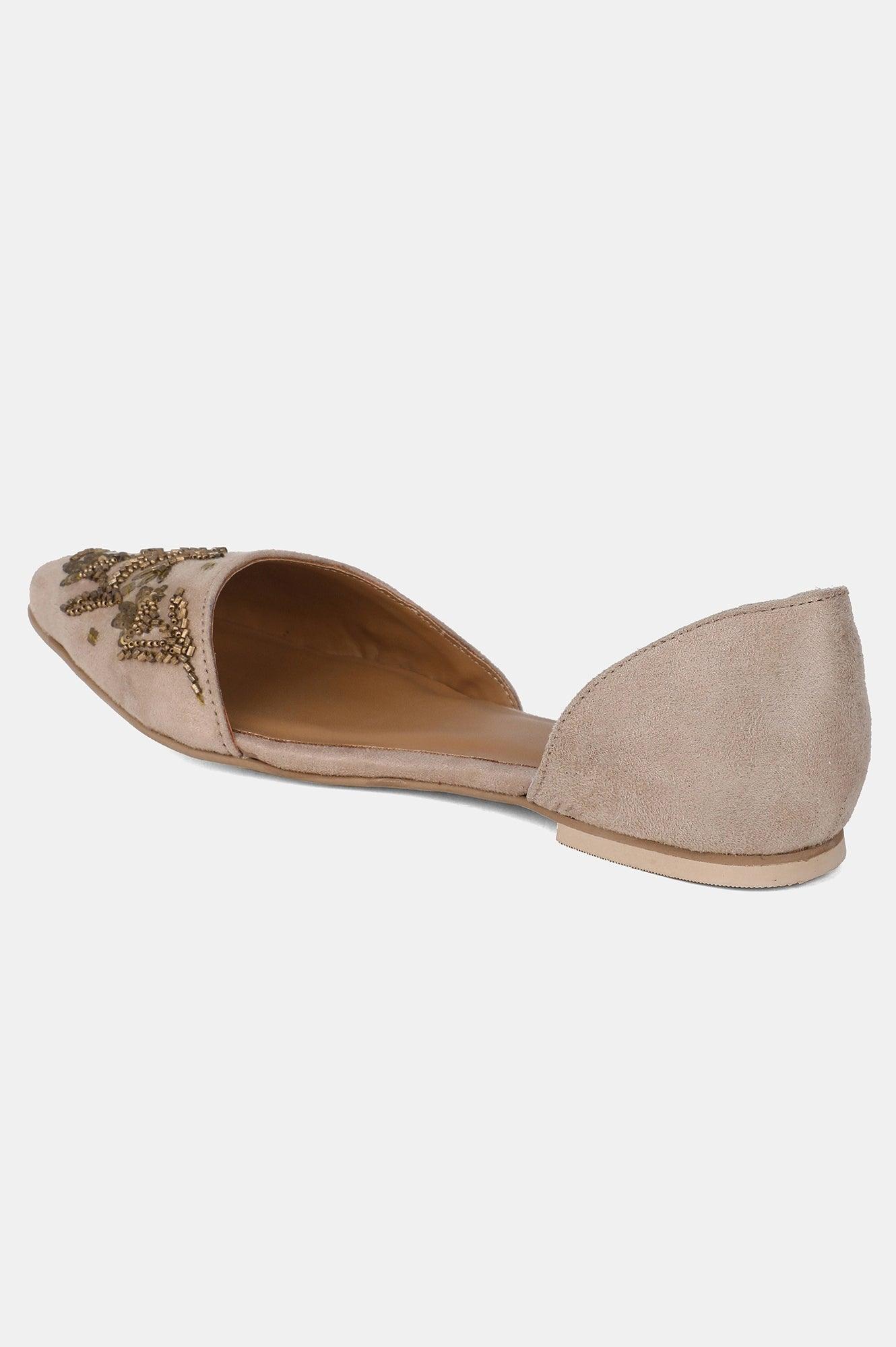 Beige Pointed Toe Embroidered Flat - wforwoman