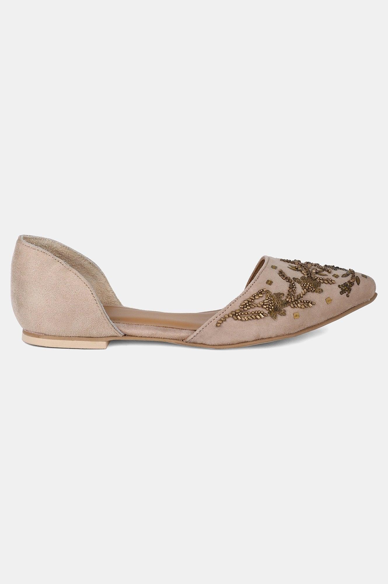 Beige Pointed Toe Embroidered Flat - wforwoman