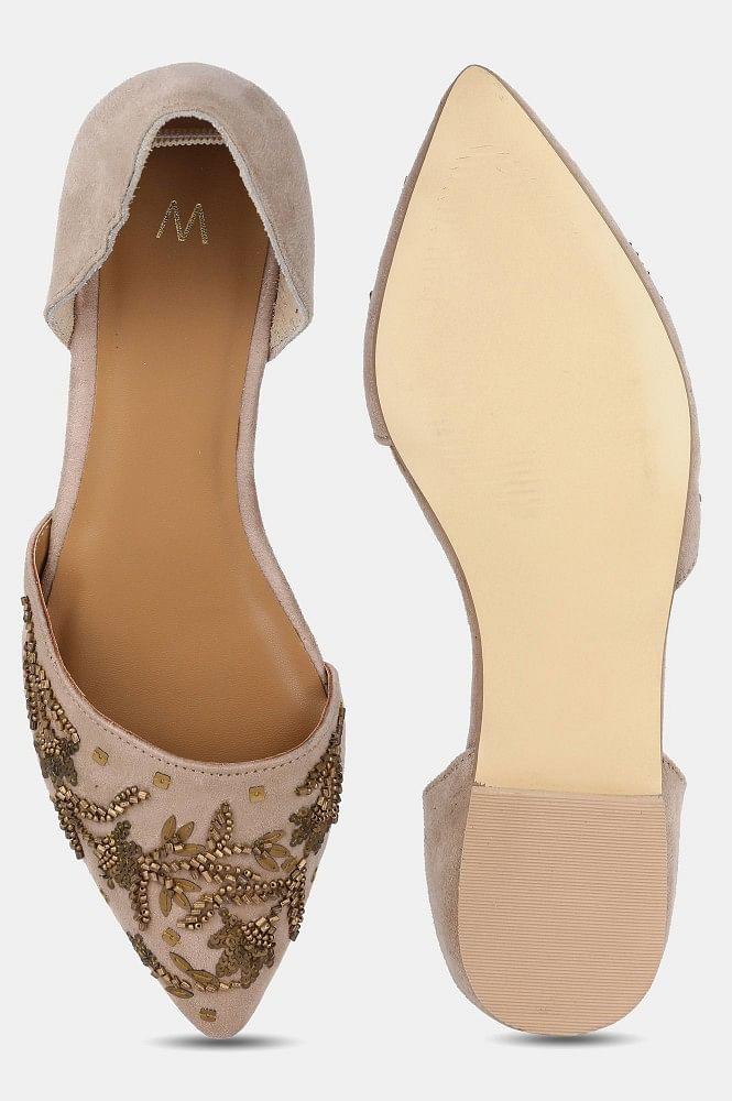 Beige Pointed Toe Embroidered Flat - wforwoman