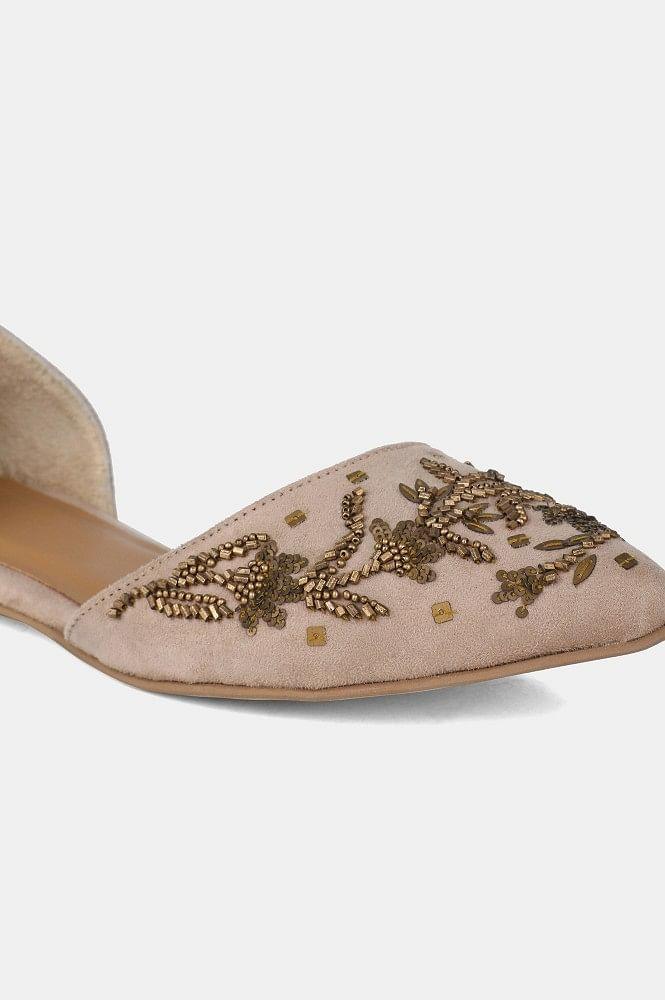 Beige Pointed Toe Embroidered Flat - wforwoman