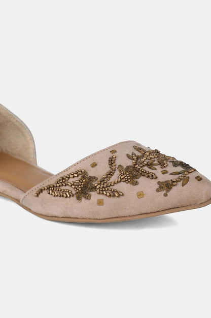 Beige Pointed Toe Embroidered Flat - wforwoman