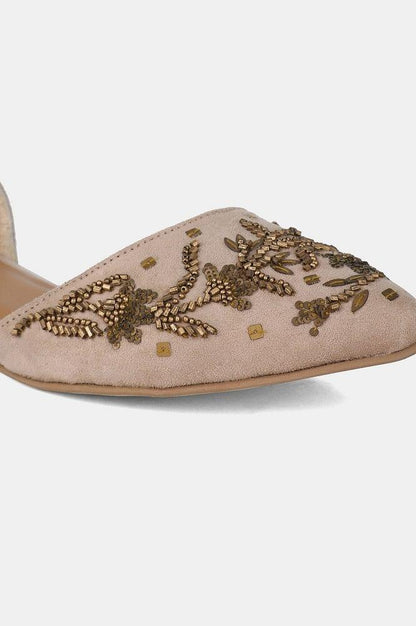 Beige Pointed Toe Embroidered Flat - wforwoman