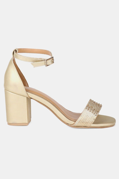 Gold Square Toe Embroidered Block Heel - wforwoman