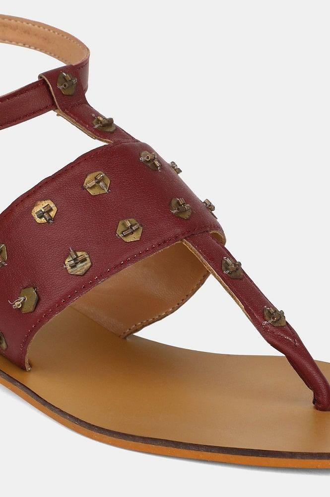 Maroon Square Toe Embellished Block Heel - wforwoman