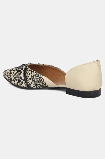 Beige Embroidered Pointed Toe Flat - wforwoman