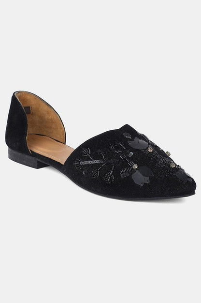 Black Pointed Toe Embroidered Flat - wforwoman