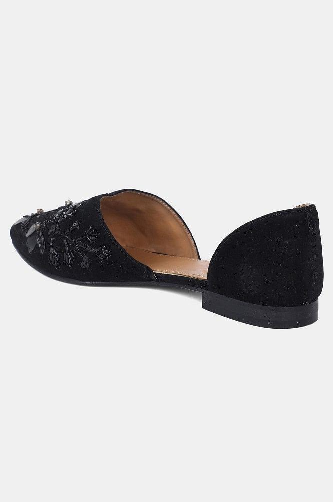 Black Pointed Toe Embroidered Flat - wforwoman