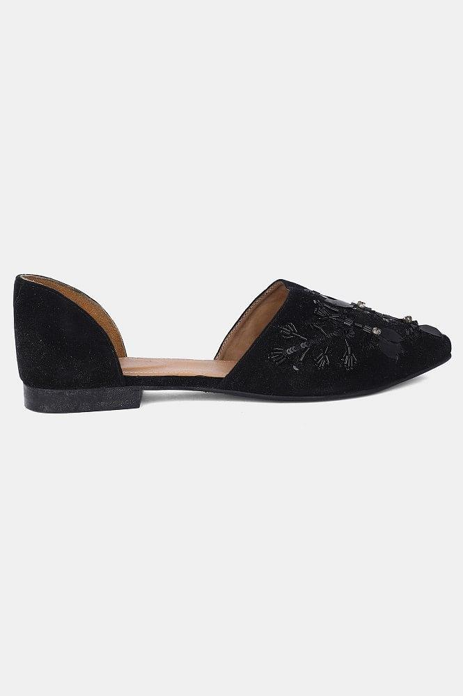 Black Pointed Toe Embroidered Flat - wforwoman