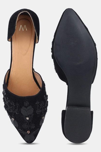 Black Pointed Toe Embroidered Flat - wforwoman