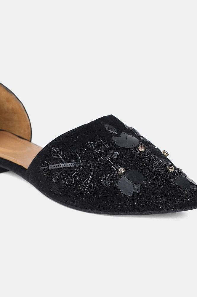 Black Pointed Toe Embroidered Flat - wforwoman