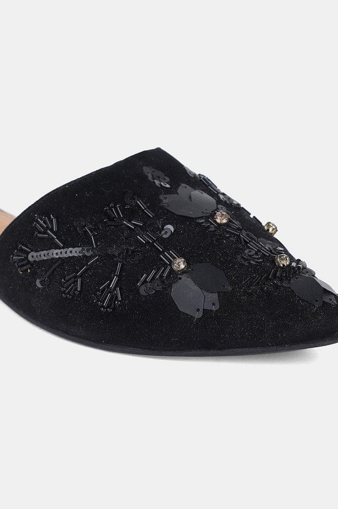 Black Pointed Toe Embroidered Flat - wforwoman