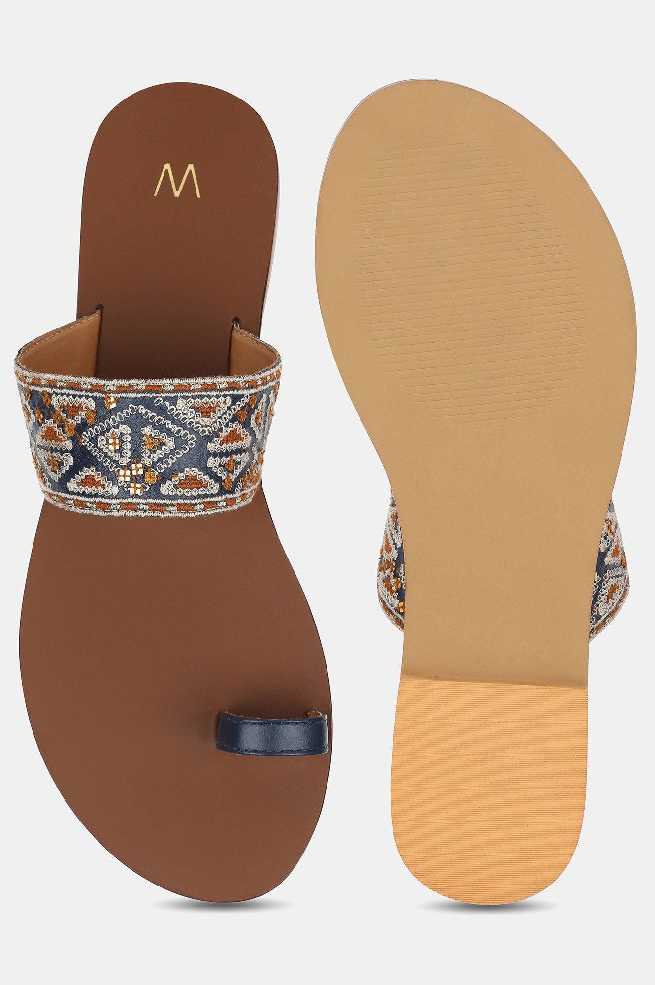 Blue Round Toe Embroidered Flat - wforwoman