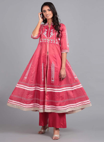 Red Mandarin Neck Printed kurta Set - wforwoman