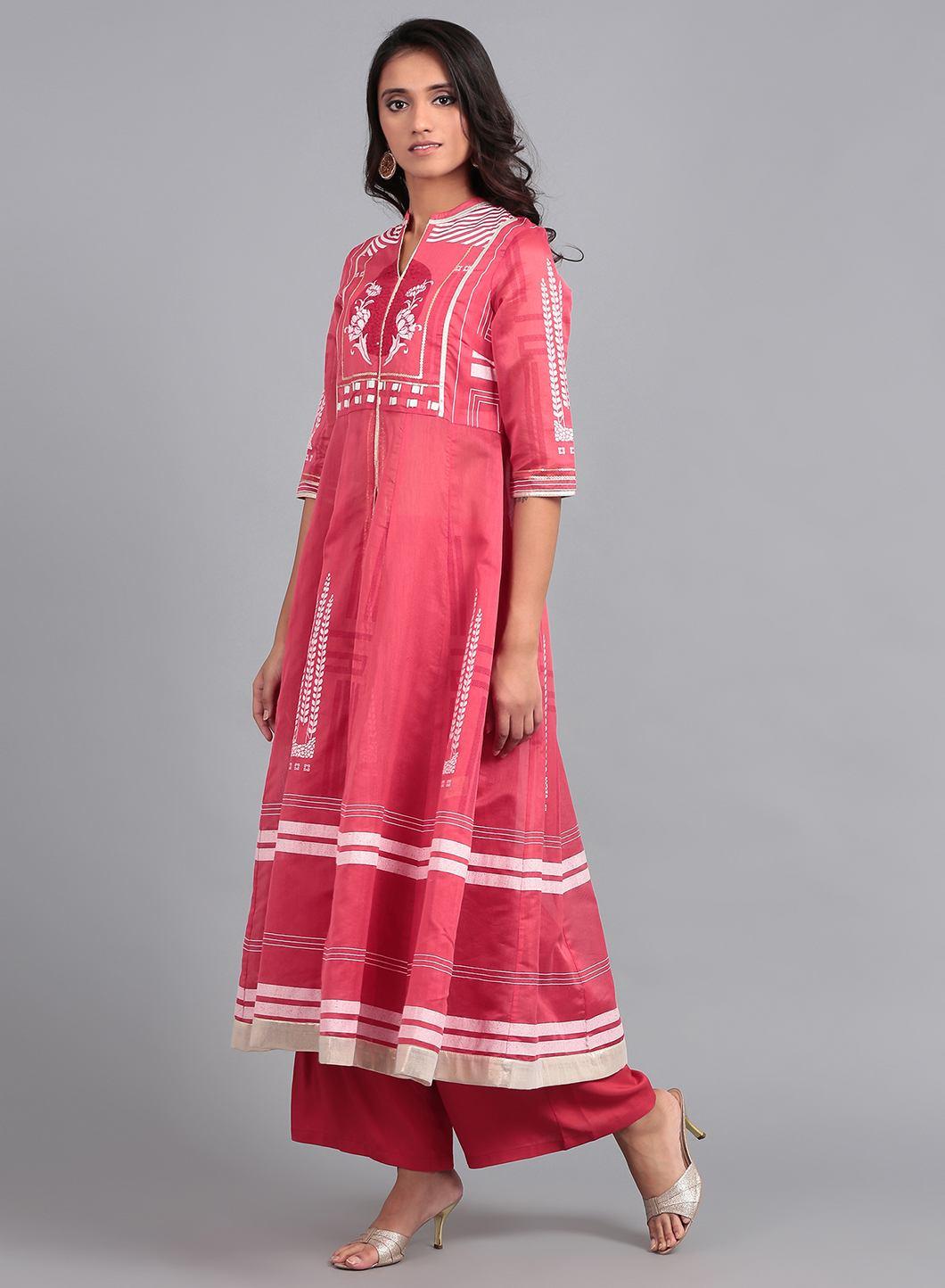 Red Mandarin Neck Printed kurta Set - wforwoman