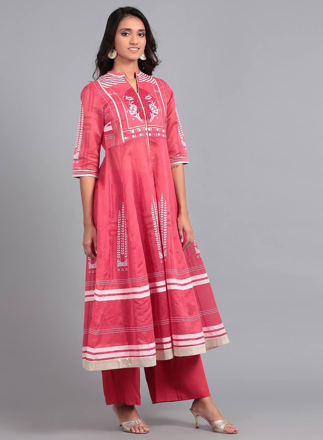 Red Mandarin Neck Printed kurta Set - wforwoman