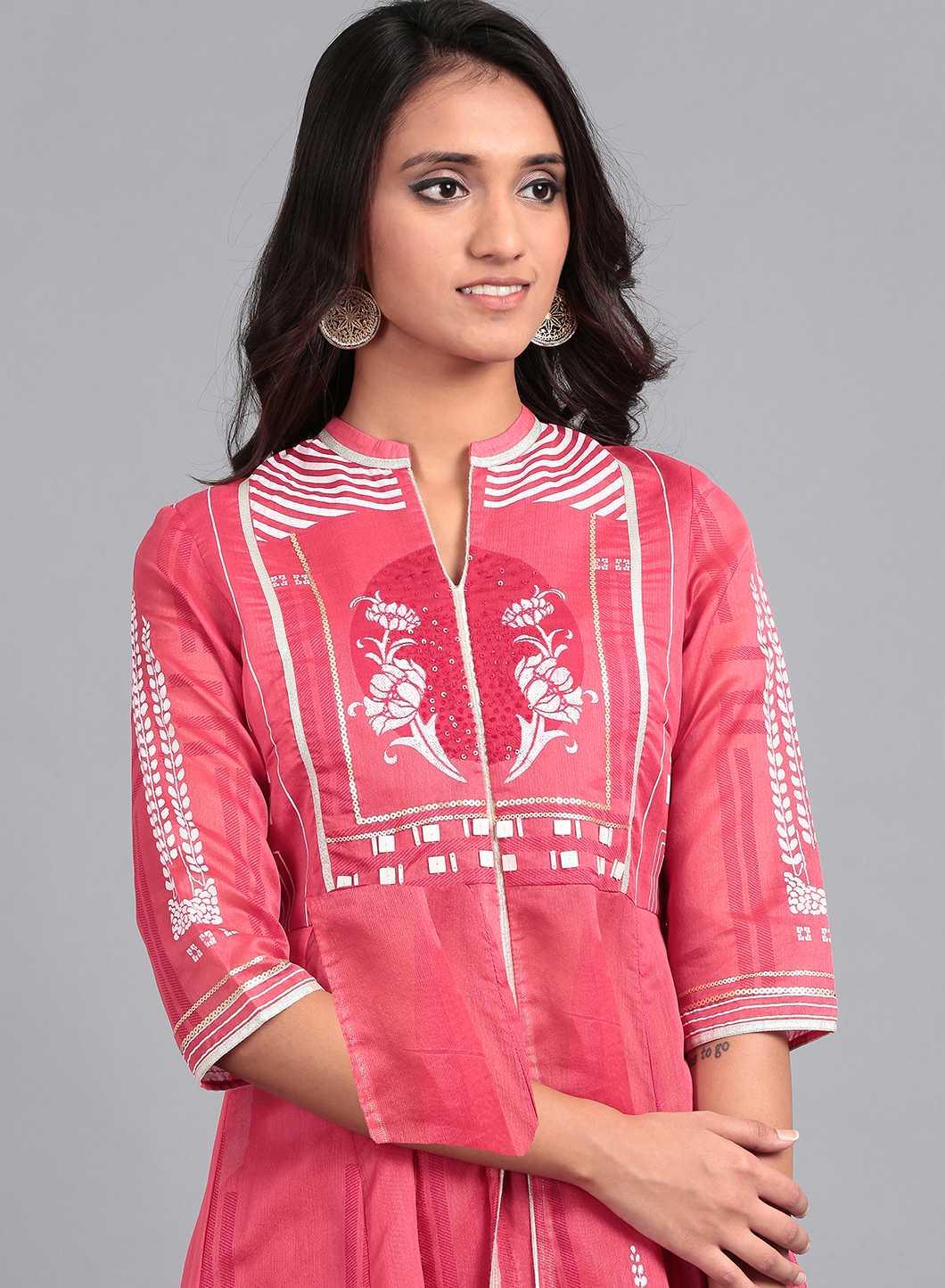 Red Mandarin Neck Printed kurta Set - wforwoman