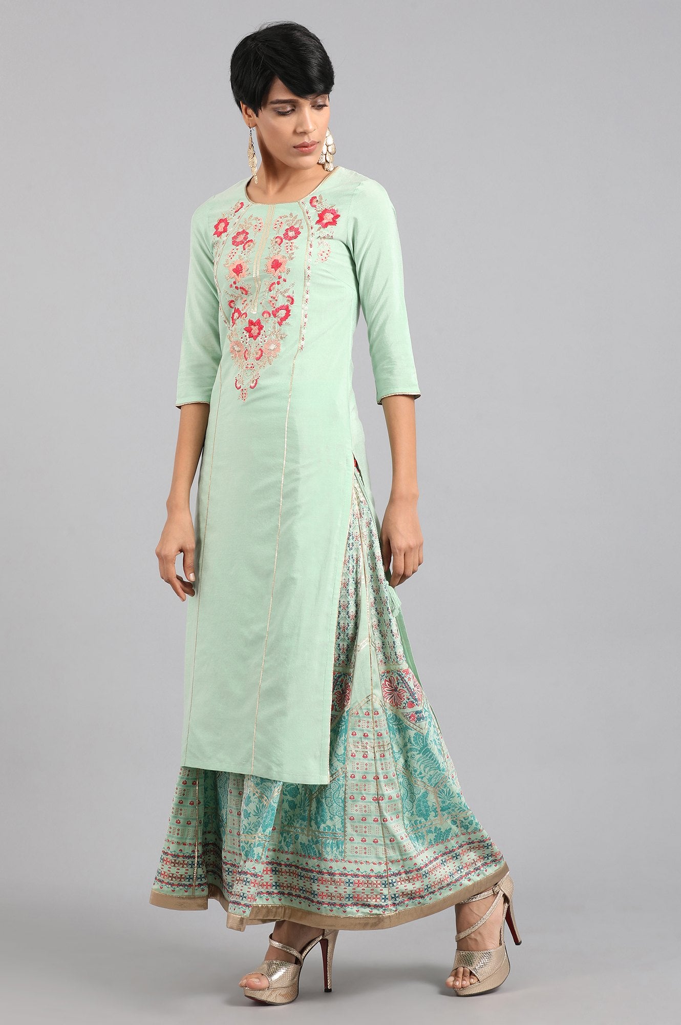 Green Round Neck Solid kurta