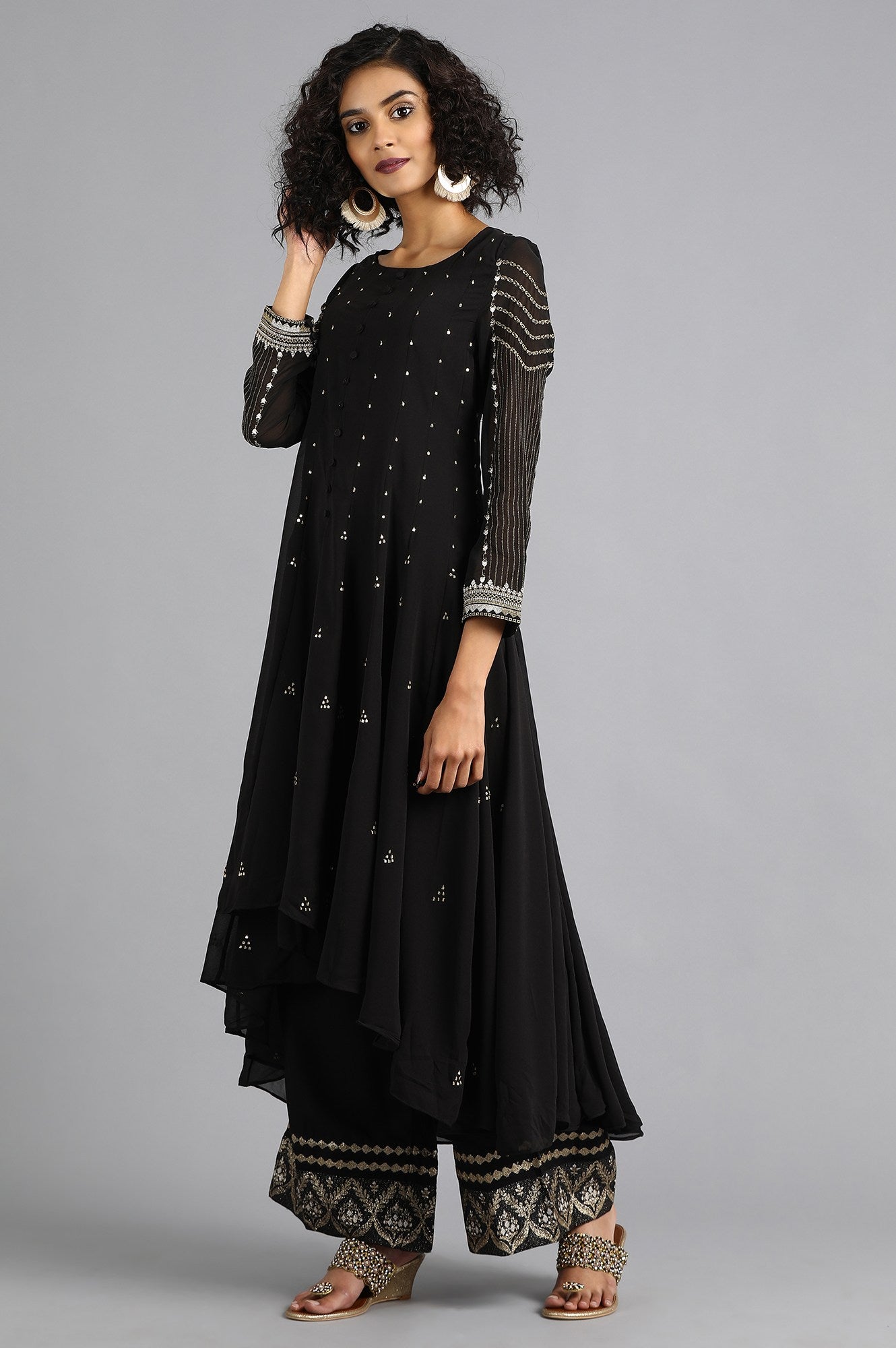 Black Round Neck Asymmetrical kurta Set