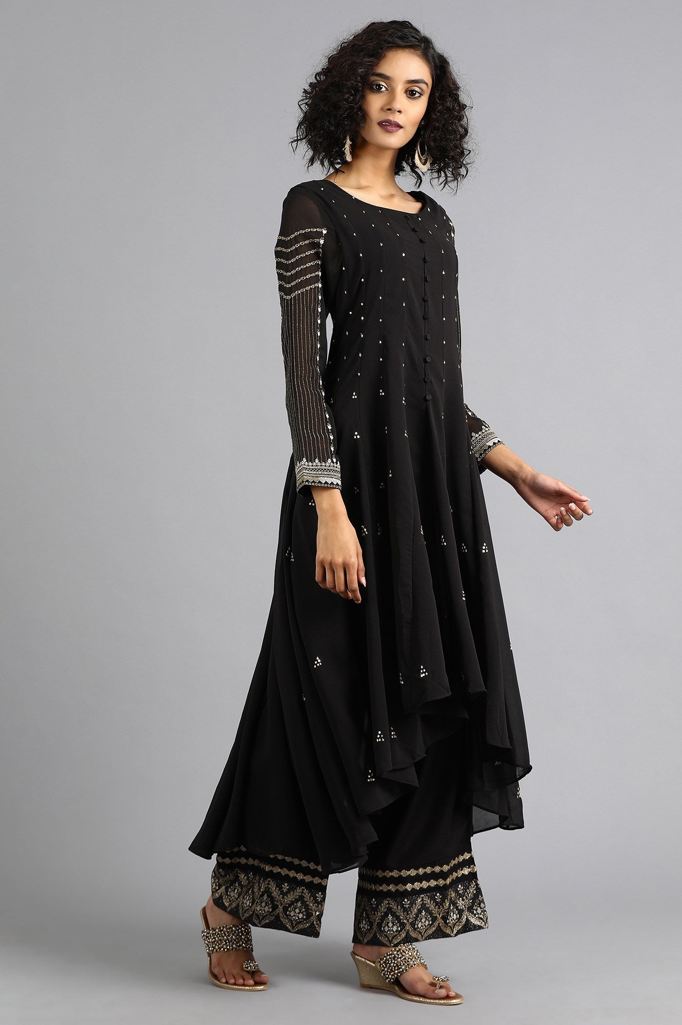 Black Round Neck Asymmetrical kurta Set