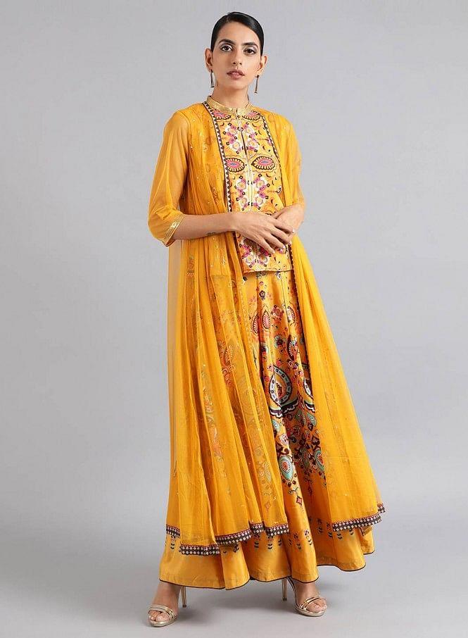 Yellow Mandarin Neck Printed kurta Set - wforwoman