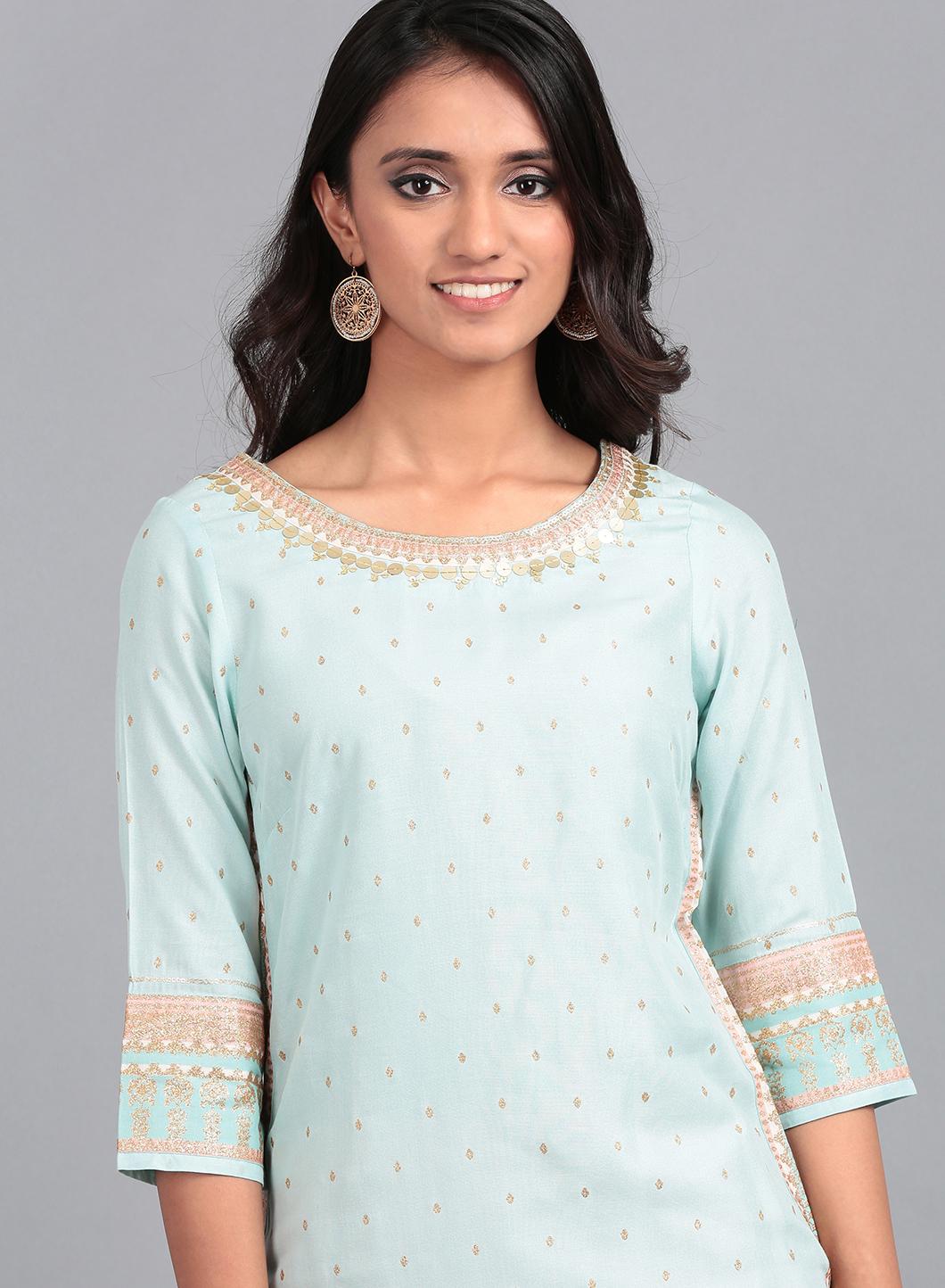 Blue Round Neck Embellished kurta Set