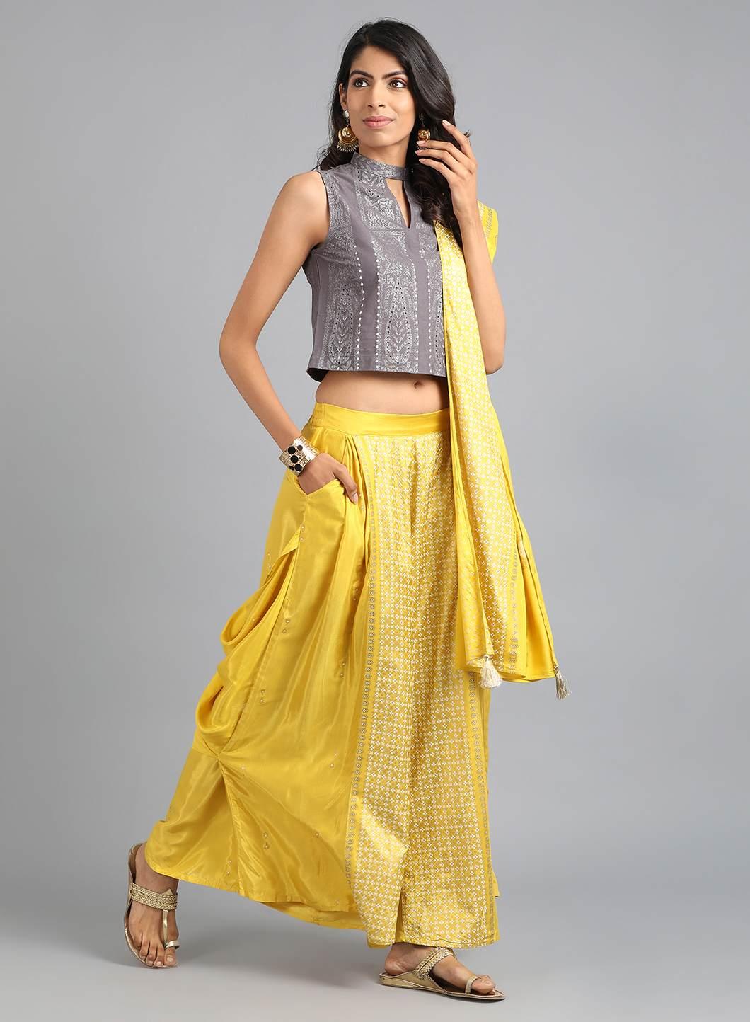 Grey &amp; Yellow Mandarin Neck Printed Gypsuit - wforwoman