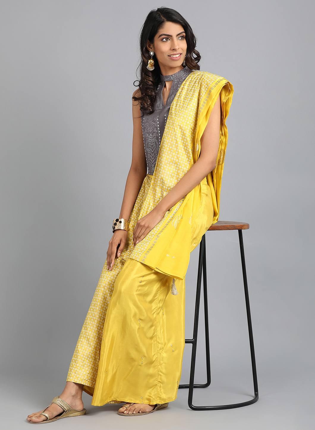 Grey &amp; Yellow Mandarin Neck Printed Gypsuit - wforwoman