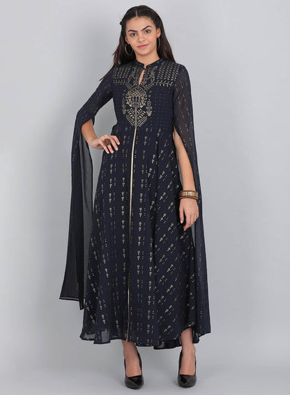 Navy Blue Embellished Mandarin Neck kurta - wforwoman