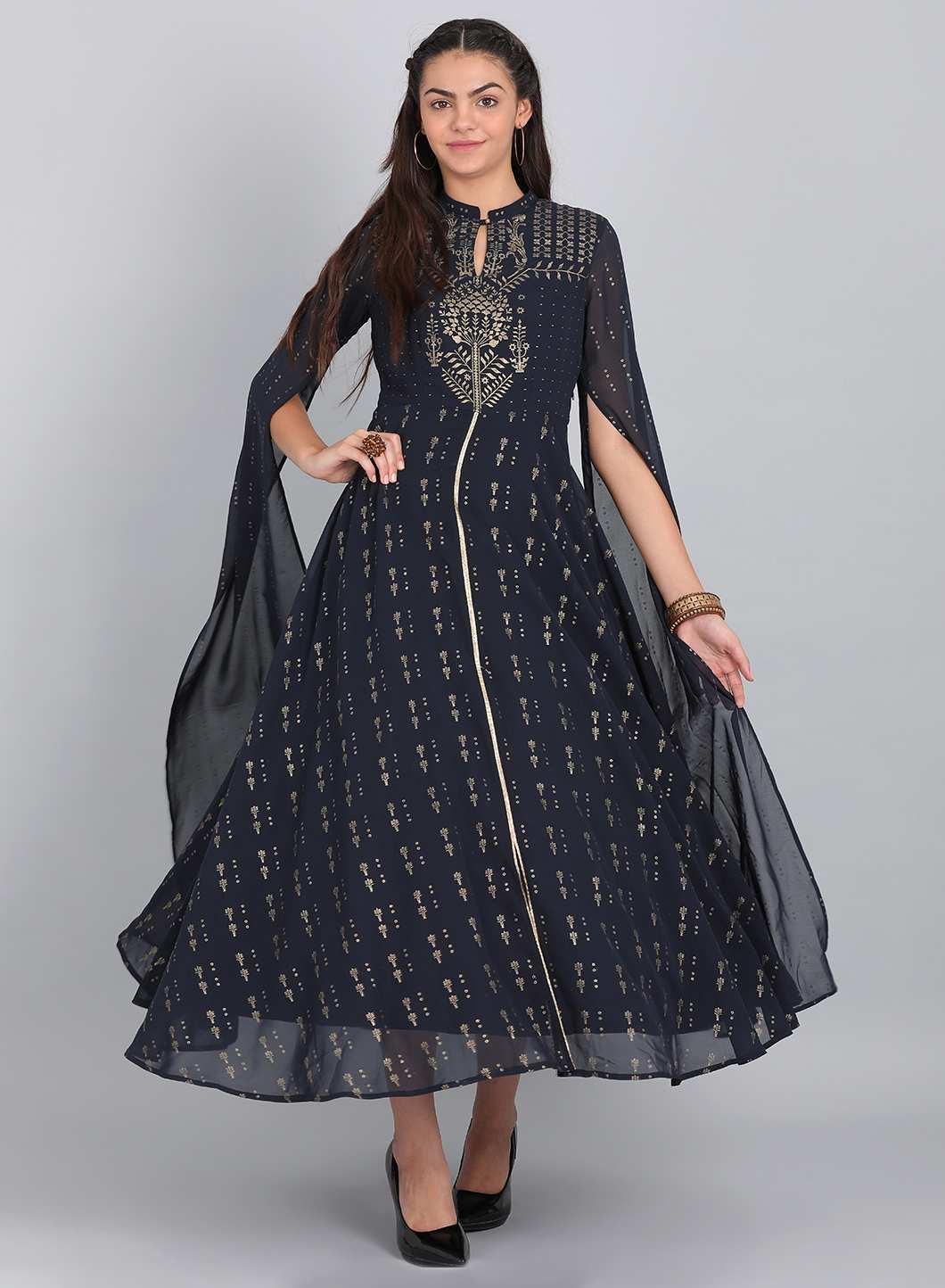 Navy Blue Embellished Mandarin Neck kurta - wforwoman