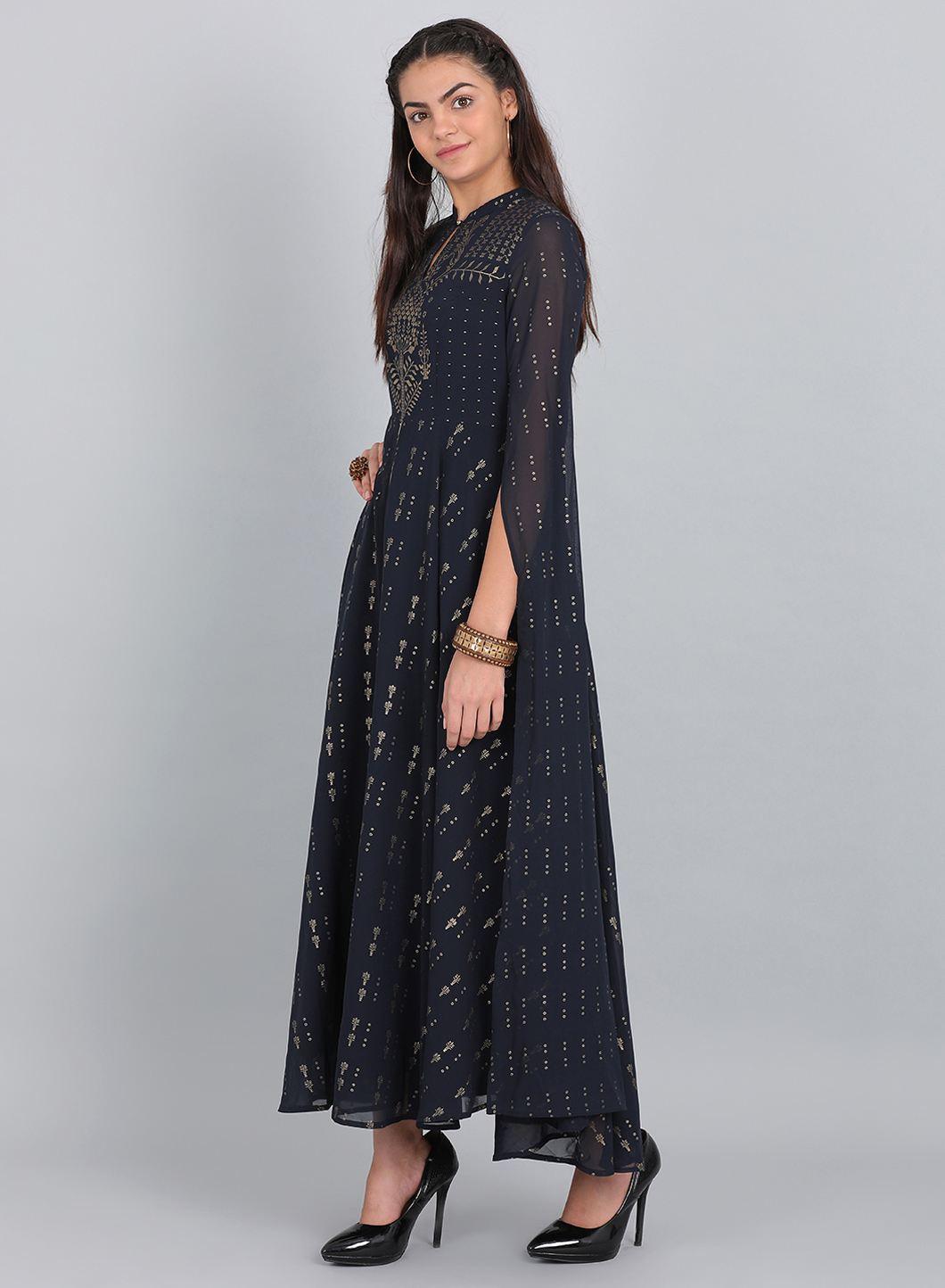 Navy Blue Embellished Mandarin Neck kurta - wforwoman