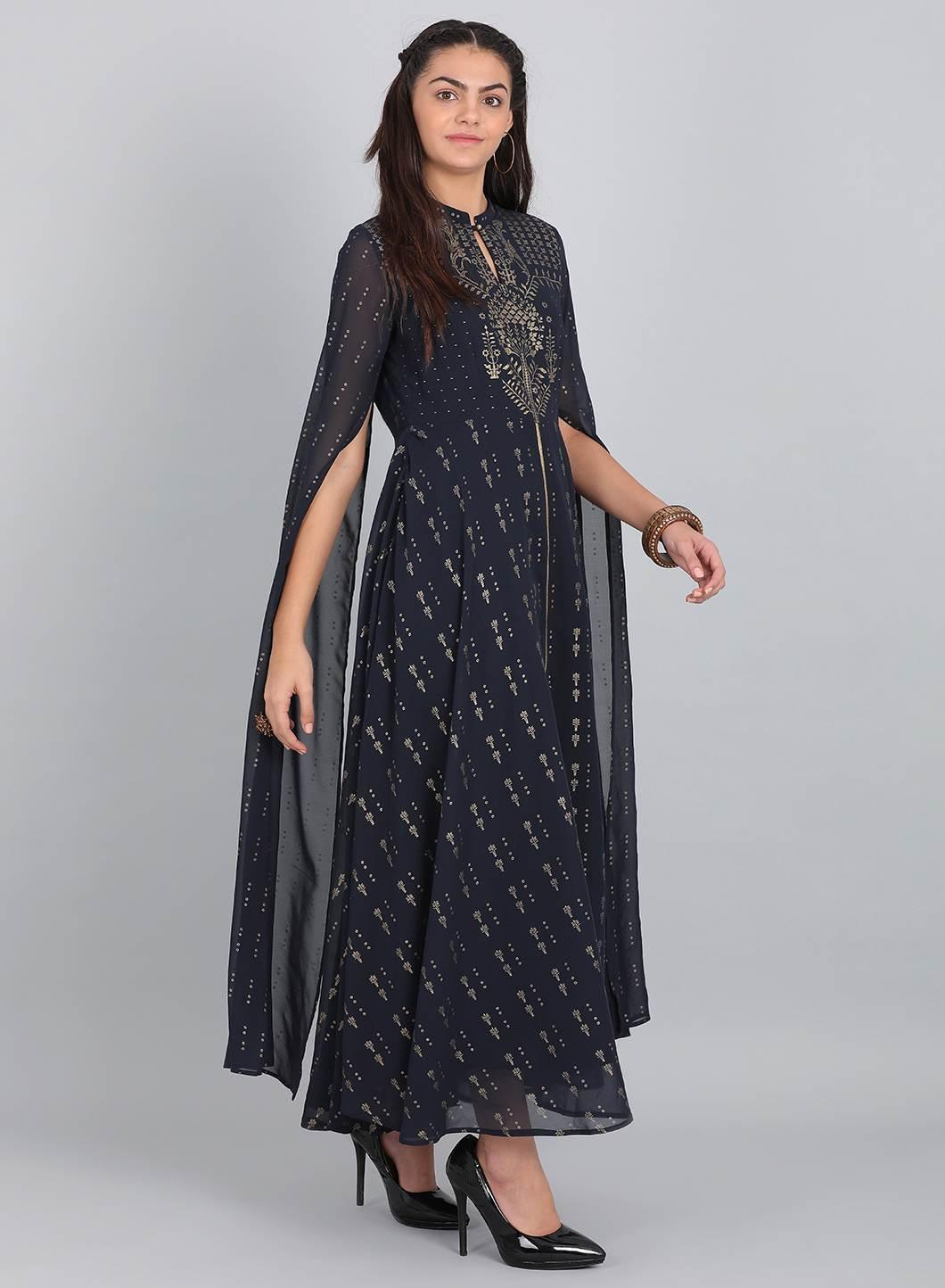 Navy Blue Embellished Mandarin Neck kurta - wforwoman