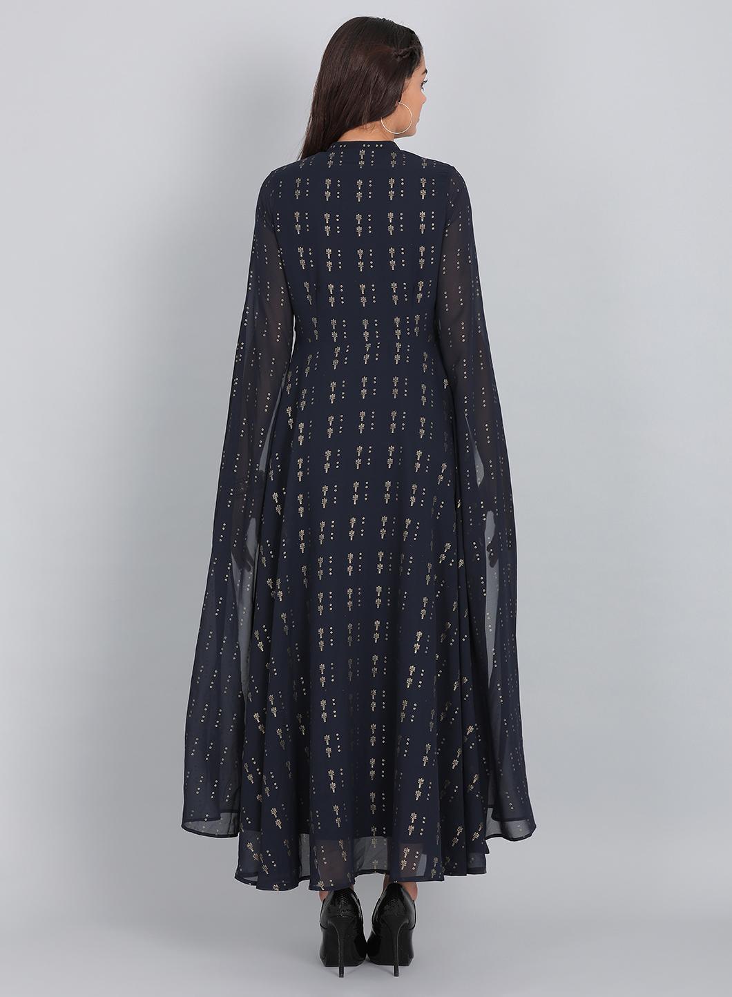 Navy Blue Embellished Mandarin Neck kurta - wforwoman