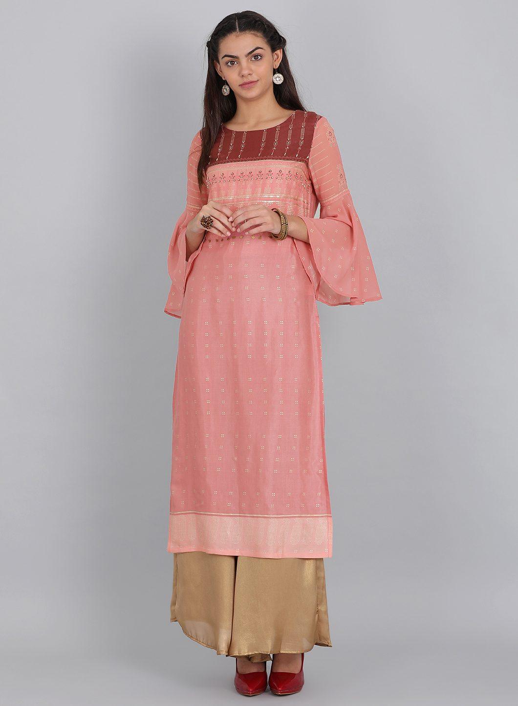 Pink Round Neck Ruffle Sleeves kurta. - wforwoman