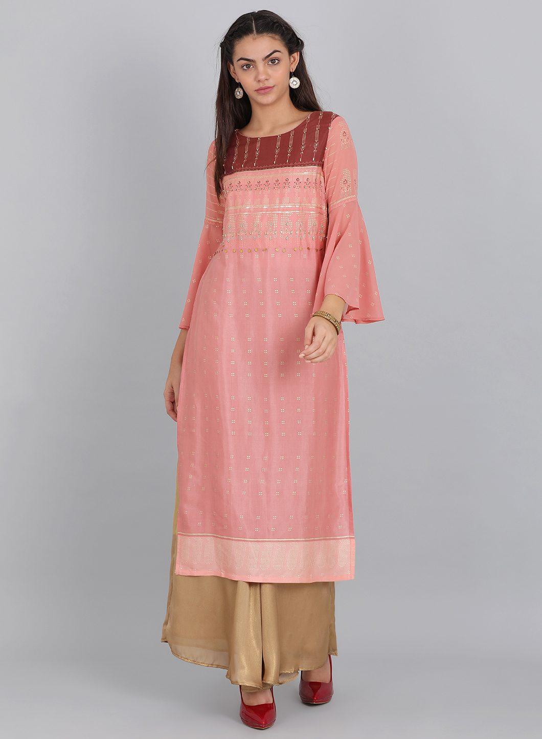 Pink Round Neck Ruffle Sleeves kurta. - wforwoman