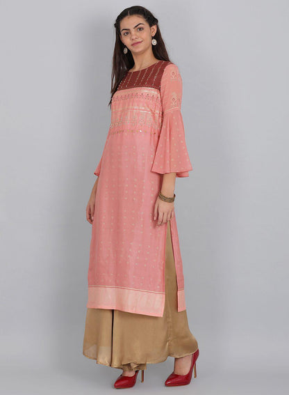 Pink Round Neck Ruffle Sleeves kurta. - wforwoman