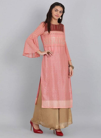 Pink Round Neck Ruffle Sleeves kurta. - wforwoman