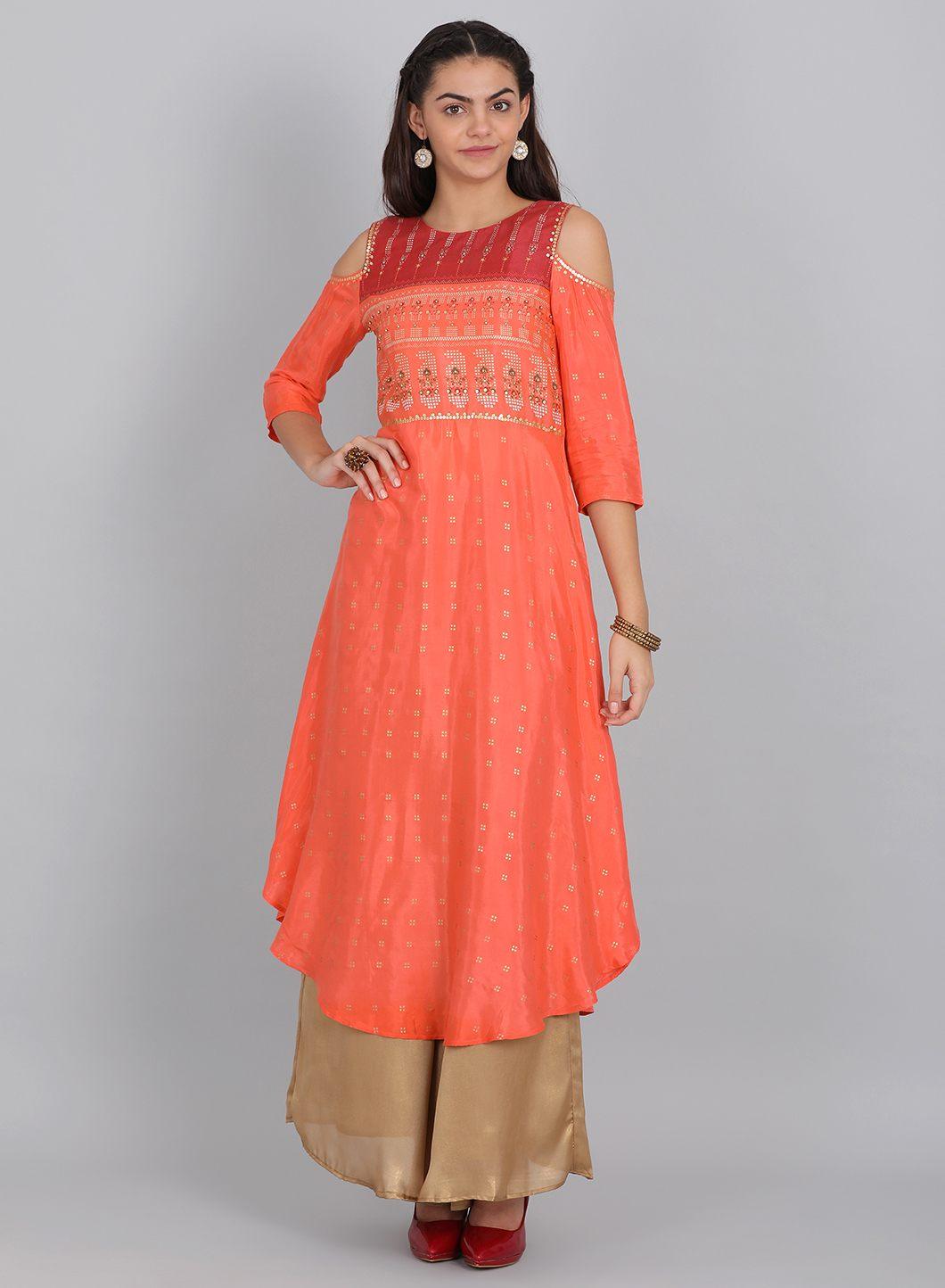 Orange Embellished Cut-Out Sleeves kurta - wforwoman