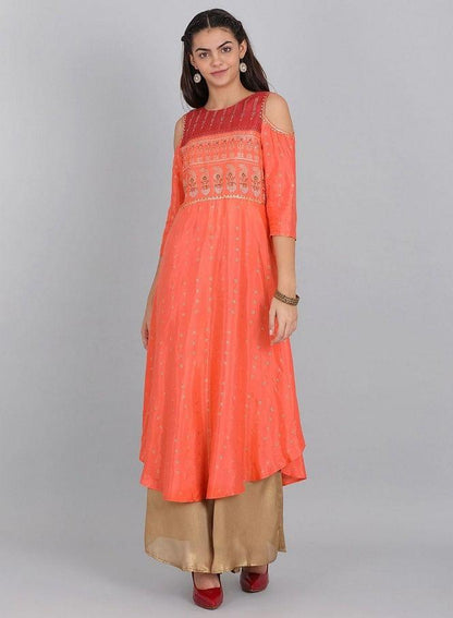 Orange Embellished Cut-Out Sleeves kurta - wforwoman